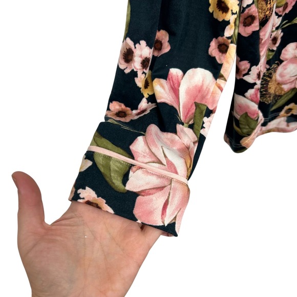 Room Service Floral Pajama Set L Black Pink Button Down Long Sleeve Loungewear - Picture 3 of 11